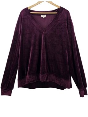 Umgee Oversized Pullover Plum Purple  Velvet Sweatshirt Womens Size Large V-neck